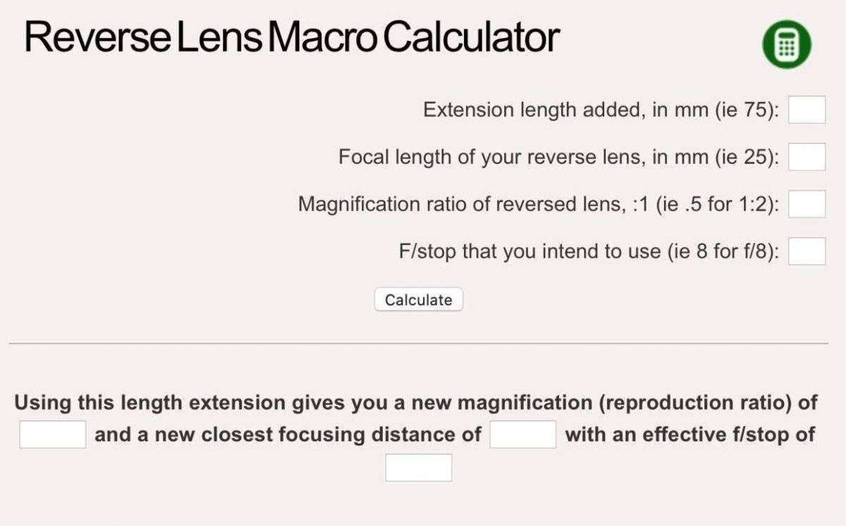 Reverse Lens for Macro Photography Calculator