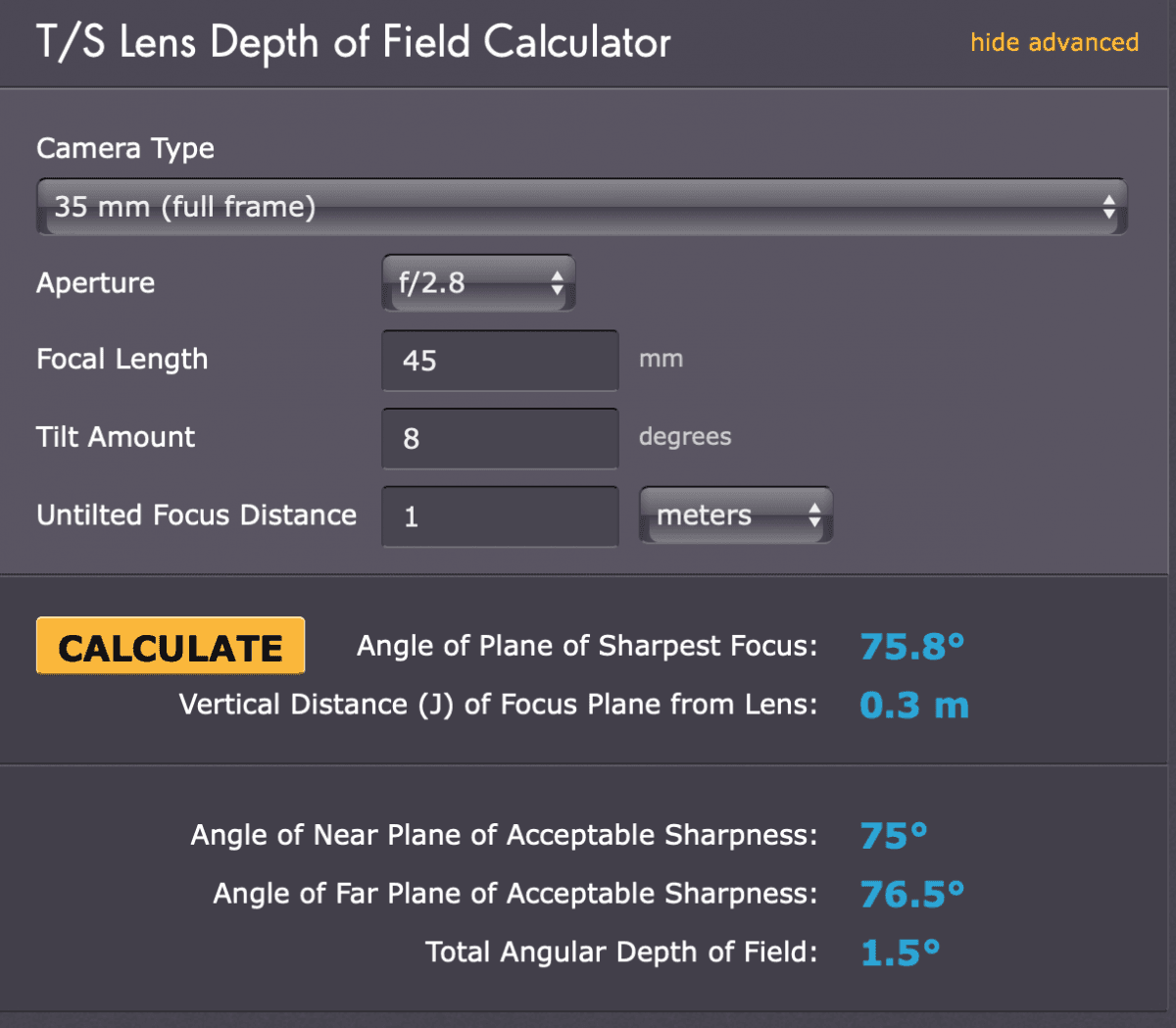 T/S Lens Depth of Field Calculator